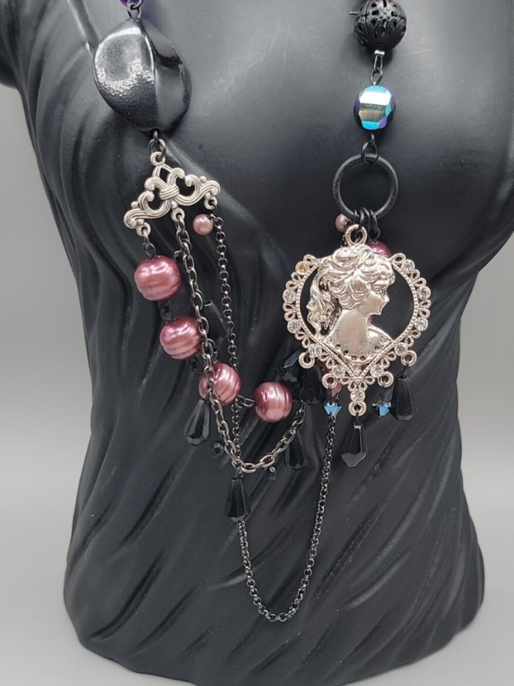 Vintage Art Deco Faux Pearl Multistrand Layered Rhinestone Beaded Chain Necklace - Picture 3 of 13
